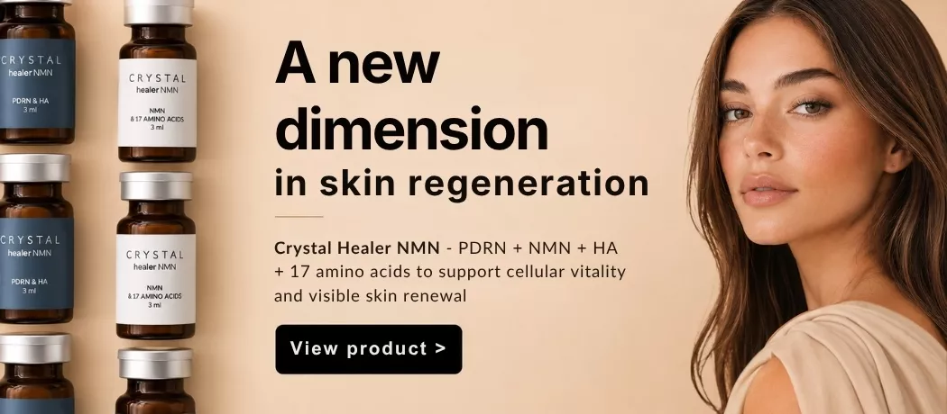 Crystal Healer NMN banner – PDRN, NMN, HA and 17 amino acids to support skin regeneration