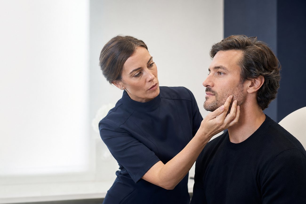 Aesthetic consultation of a male patient – examining skin quality